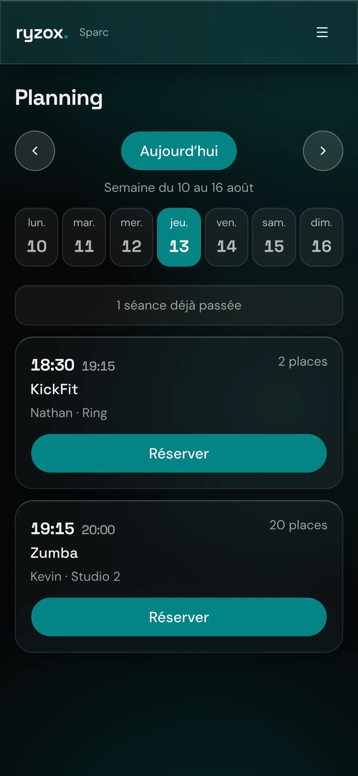 A gym’s schedule on a phone, showing the day’s classes and remaining spots