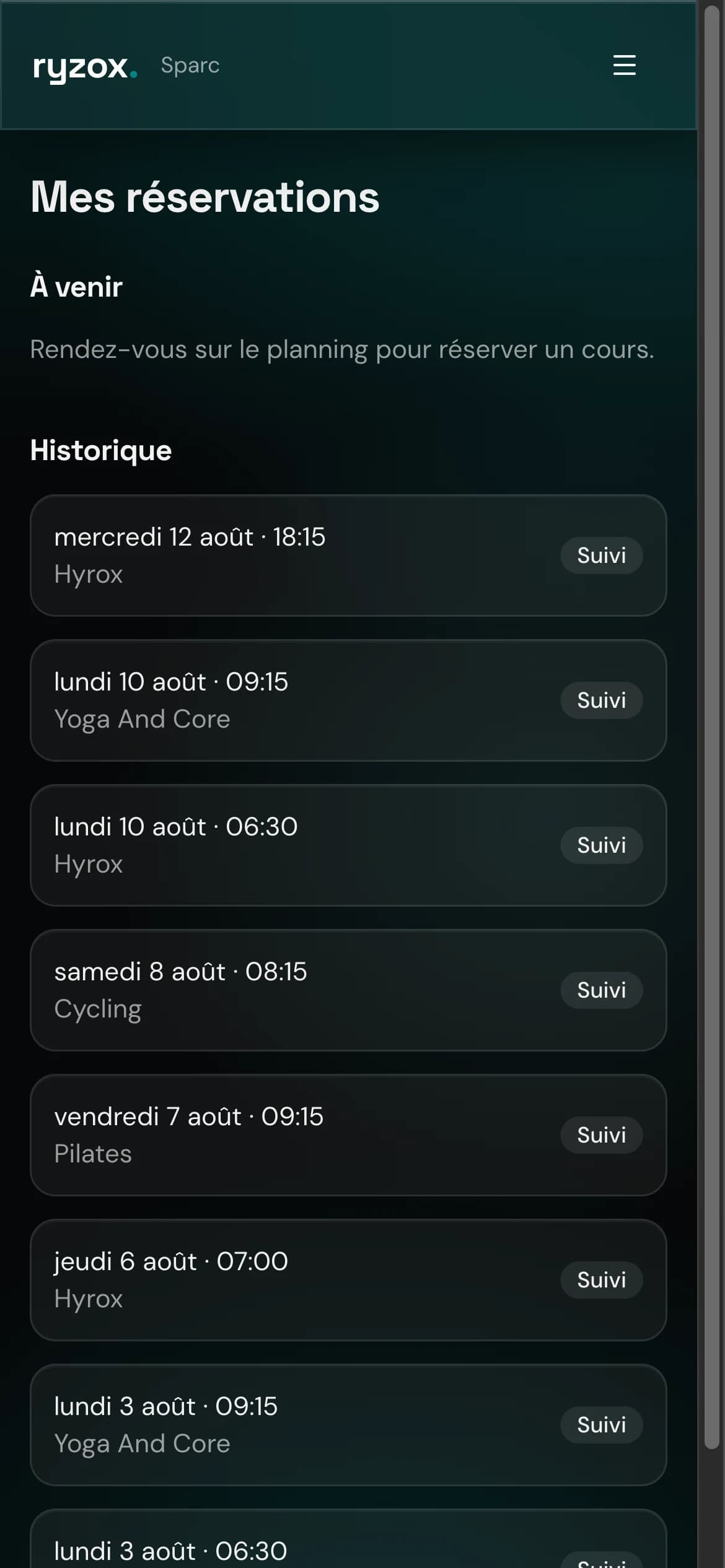 A member’s bookings screen on a phone