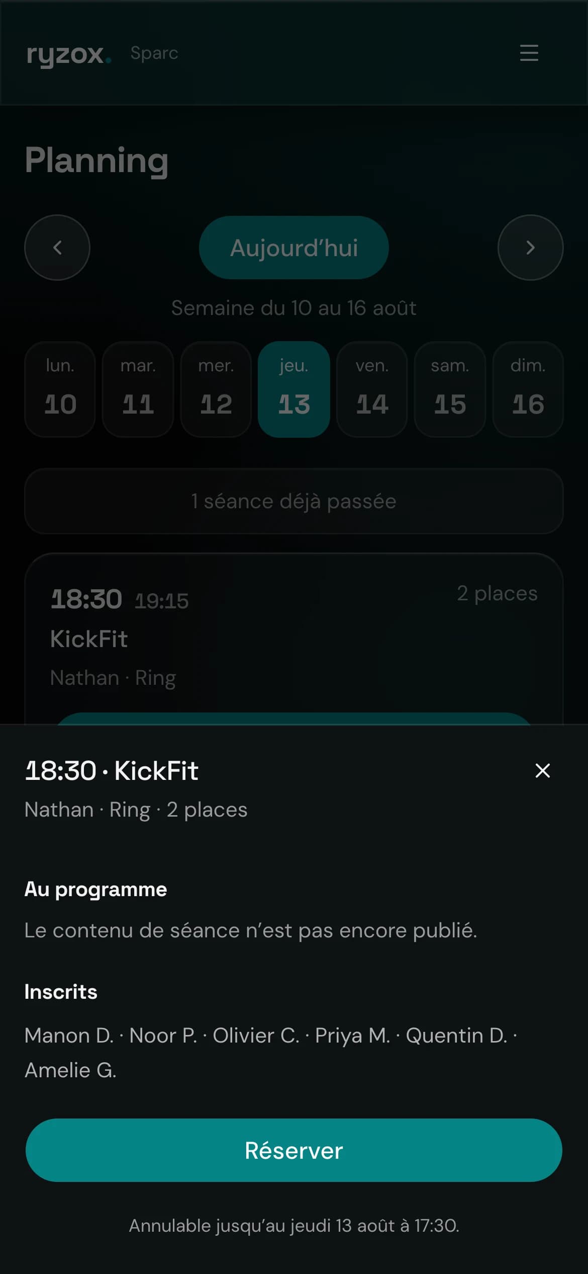 A class detail on a phone: time, coach, attendees shown by first name and initial, and the booking button